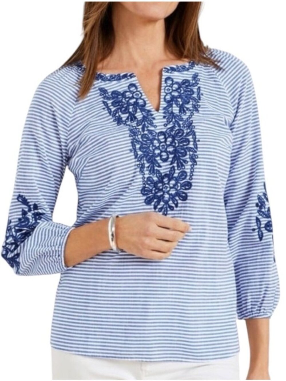 Talbots Blue Striped Embroidered Floral Boho Cottage Peasant Blouse Large